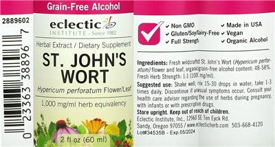 Photo of the Eclectic Institute St. John's Wort Grain-Free Alcohol label