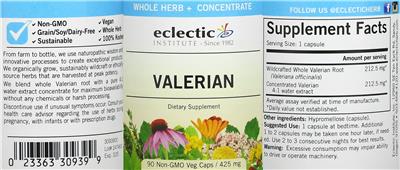Photo of the Eclectic Institute Valerian 425 mg label
