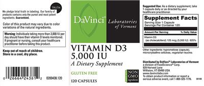 Photo of the DaVinci Laboratories Of Vermont Vitamin D3 5,000 IU label