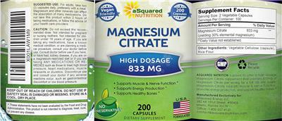 Photo of the aSquared Nutrition Magnesium Citrate 833 mg label