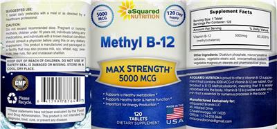 Photo of the aSquared Nutrition Methyl B-12 5000 mcg label