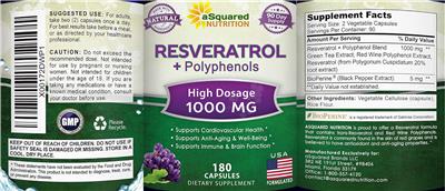Photo of the aSquared Nutrition Resveratrol + Polyphenols 1000 mg label