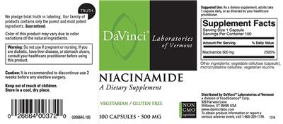 Photo of the DaVinci Laboratories of Vermont Niacinamide 500 mg label