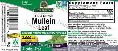 Photo of the Nature's Answer Mullein Leaf 2,000 mg Alcohol-Free label