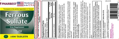 Product label for Ferrous Sulfate 325 mg