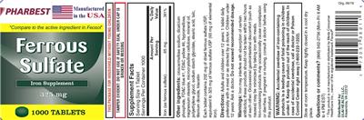 Photo of the Pharbest Ferrous Sulfate 325 mg label