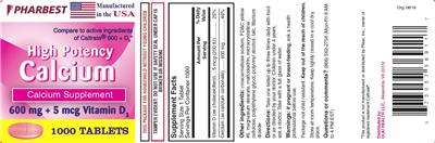 Photo of the Pharbest High Potency Calcium 600 mg label