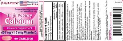 Photo of the Pharbest High Potency Calcium 600 mg label
