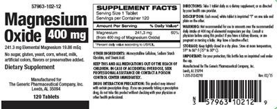 Photo of the The Generic Pharmaceutical Company Magnesium Oxide 400 mg label