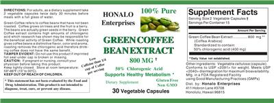 Photo of the Honalo Enterprises Green Coffee Bean Extract 800 mg label