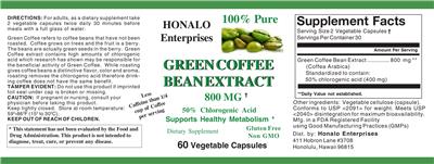 Photo of the Honalo Enterprises Green Coffee Bean Extract 800 mg label