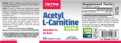 Photo of the Jarrow Formulas Acetyl L-Carnitine 500 mg label