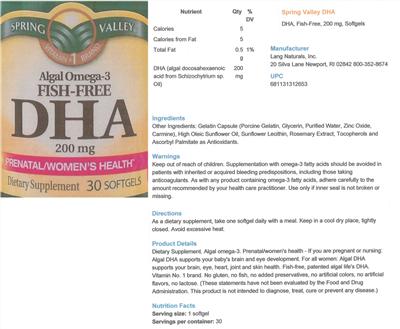 Photo of the Spring Valley DHA 200 mg label