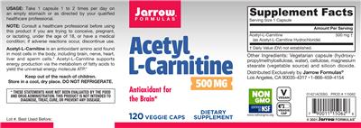Photo of the Jarrow Formulas Acetyl L-Carnitine 500 mg label