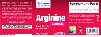 Photo of the Jarrow Formulas Arginine 1000 mg label