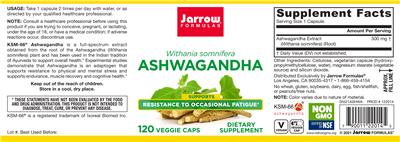 Photo of the Jarrow Formulas Ashwagandha label