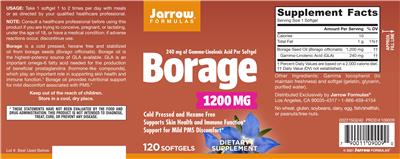 Photo of the Jarrow Formulas Borage 1200 mg label