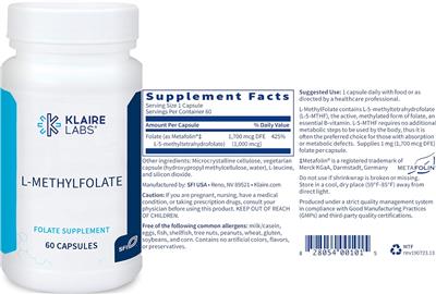 Photo of the Klaire Labs L-MethylFolate label