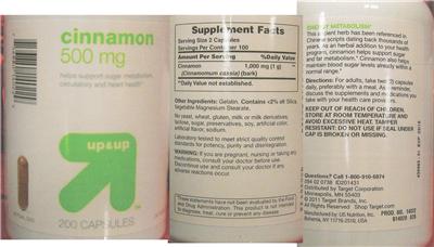 Photo of the up&up Cinnamon 500 mg label