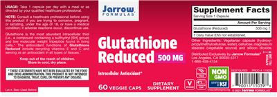 Photo of the Jarrow Formulas Glutathione Reduced 500 mg label