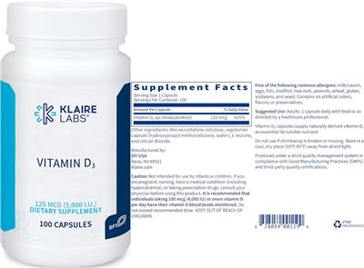 Photo of the Klaire Labs Vitamin D3 125 mcg (5,000 IU) label