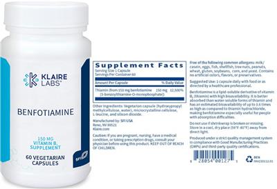 Photo of the Klaire Labs Benfotiamine 150 mg label
