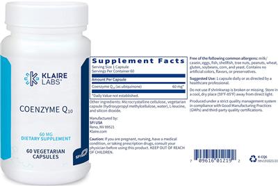 Photo of the Klaire Labs Coenzyme Q10 60 mg label