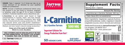 Photo of the Jarrow Formulas L-Carnitine 500 mg label