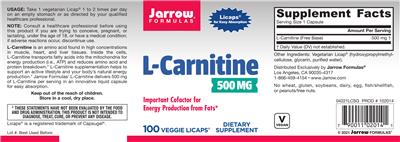Photo of the Jarrow Formulas L-Carnitine 500 mg label