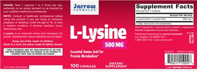 Photo of the Jarrow Formulas L-Lysine 500 mg label