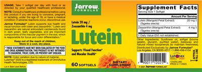 Photo of the Jarrow Formulas Lutein 20 mg label