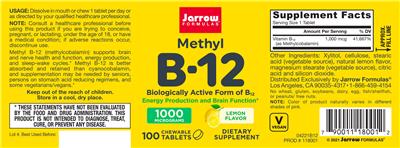 Photo of the Jarrow Formulas Methyl B-12 1000 mcg Lemon Flavor label