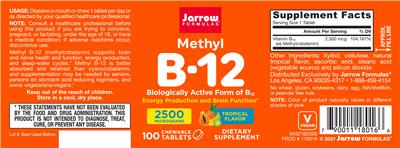 Photo of the Jarrow Formulas Methyl B-12 2500 mcg Tropical Flavor label