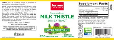 Photo of the Jarrow Formulas Milk Thistle 30:1 Extract label