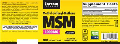 Photo of the Jarrow Formulas MSM 1000 mg label