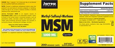 Photo of the Jarrow Formulas MSM 1000 mg label