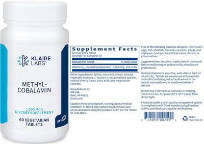 Photo of the Klaire Labs Methylcobalamin 5,000 mcg label