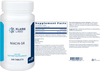 Photo of the Klaire Labs Niacin-SR 500 mg label