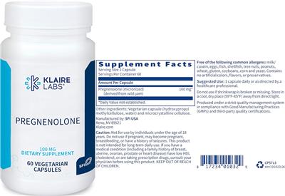Photo of the Klaire Labs Pregnenolone 100 mg label
