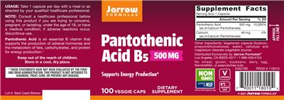 Photo of the Jarrow Formulas Pantothenic Acid B5 500 mg label