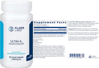 Photo of the Klaire Labs Ultra K2 Menatetrenone 15,000 mcg label