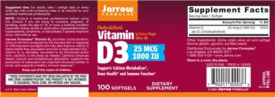 Photo of the Jarrow Formulas Vitamin D3 25 mcg 1000 IU label