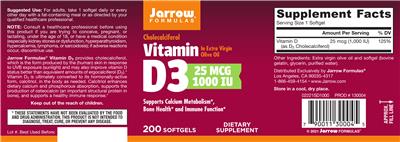 Photo of the Jarrow Formulas Vitamin D3 25 mcg 1000 IU label