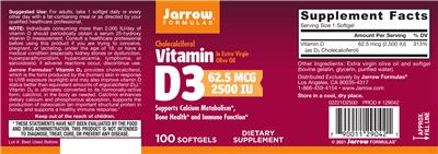 Photo of the Jarrow Formulas Vitamin D3 62.5 mcg 2500 IU label