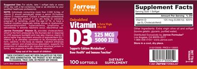 Photo of the Jarrow Formulas Vitamin D3 125 mcg 5000 IU label
