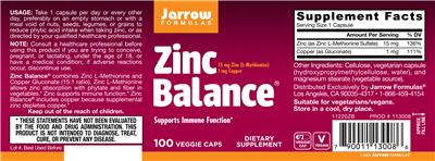 Photo of the Jarrow Formulas Zinc Balance label