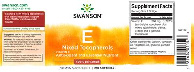 Photo of the Swanson E Mixed Tocopherols 400 IU label