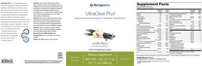 Photo of the Metagenics UltraClear Plus Vanilla Flavor label