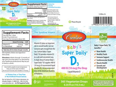 Photo of the Carlson Baby's Super Daily D3 400 IU label