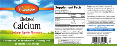 Photo of the Carlson Chelated Calcium 500 mg label